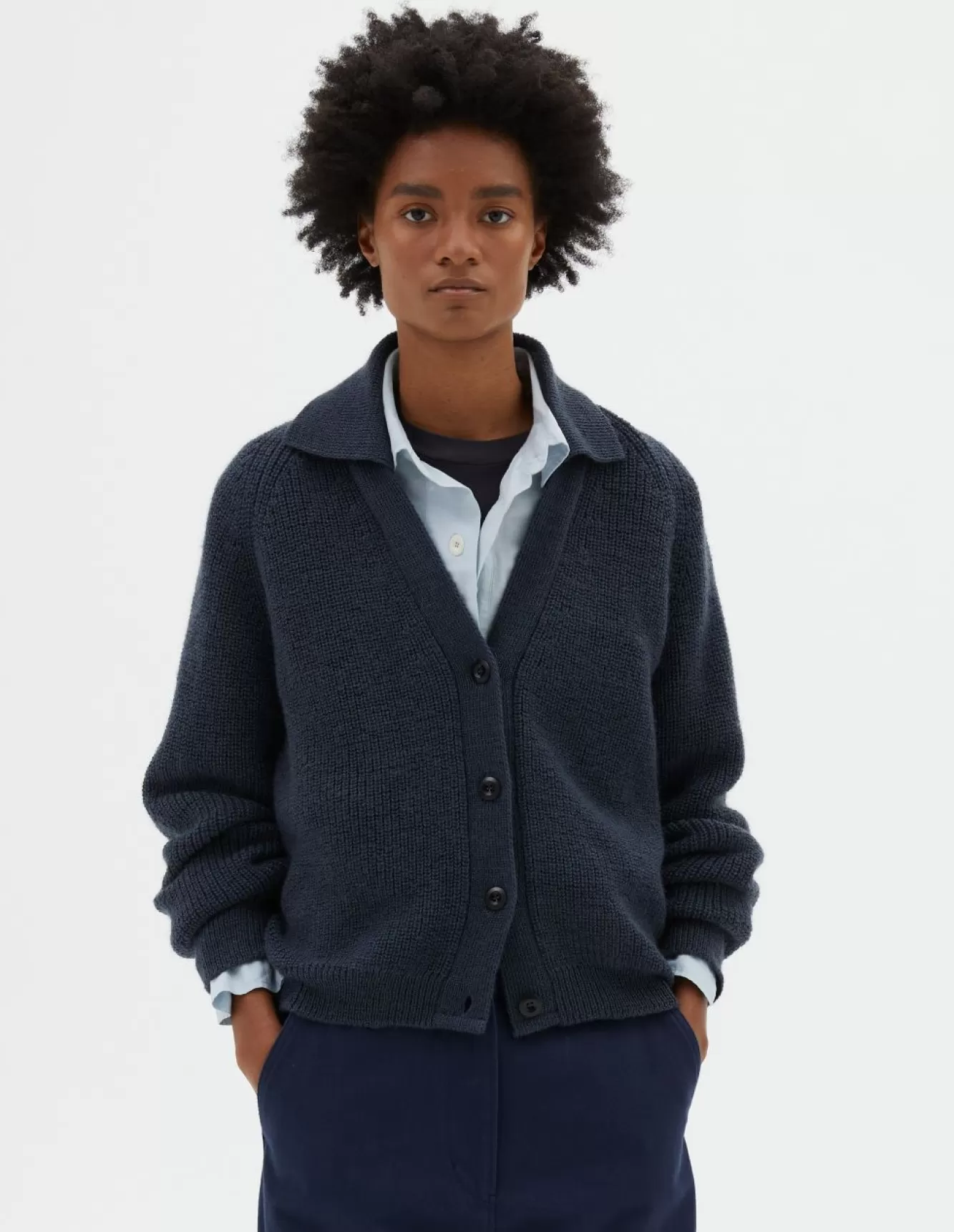 Margaret Howell MHL. COLLARED CARDIGAN UNIFORM BLUE Outlet